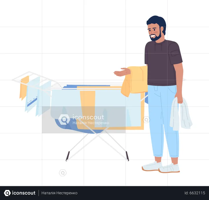 Bearded man standing near clothes drying rack  Illustration