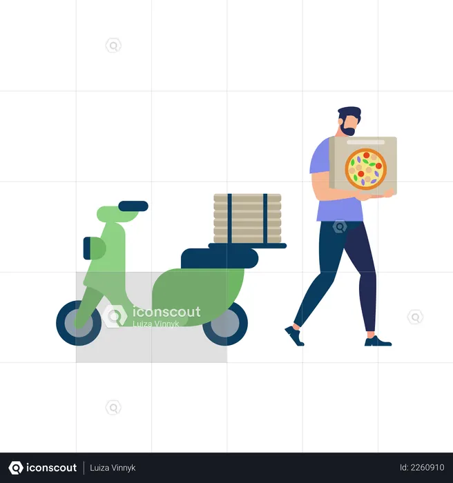 Bearded Man Wearing Blue Shirt Carrying Pizza Box for delivery  Illustration