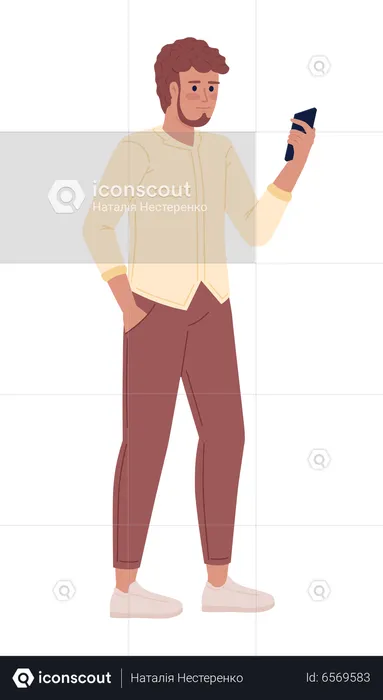Bearded man with hand in pocket holding phone  Illustration