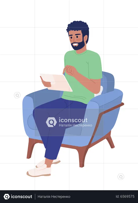 Bearded man with tablet device in armchair  Illustration