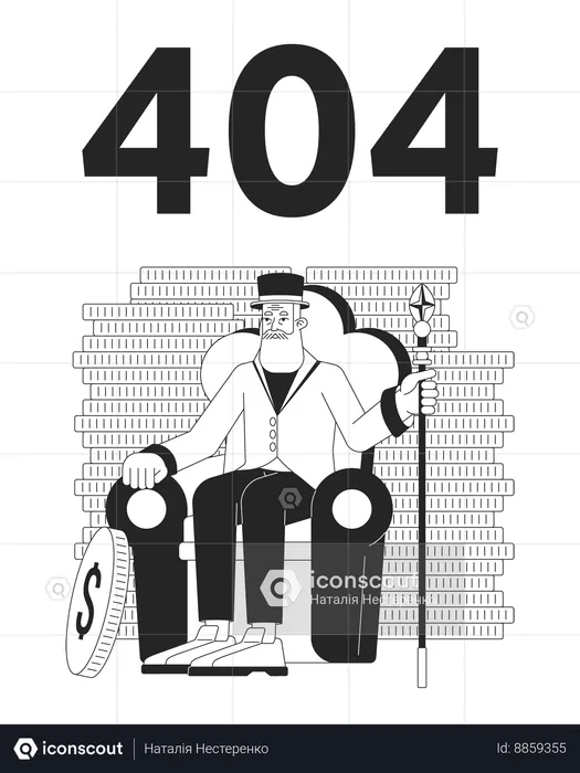 Bearded old businessman among coins error 404 flash message  Illustration