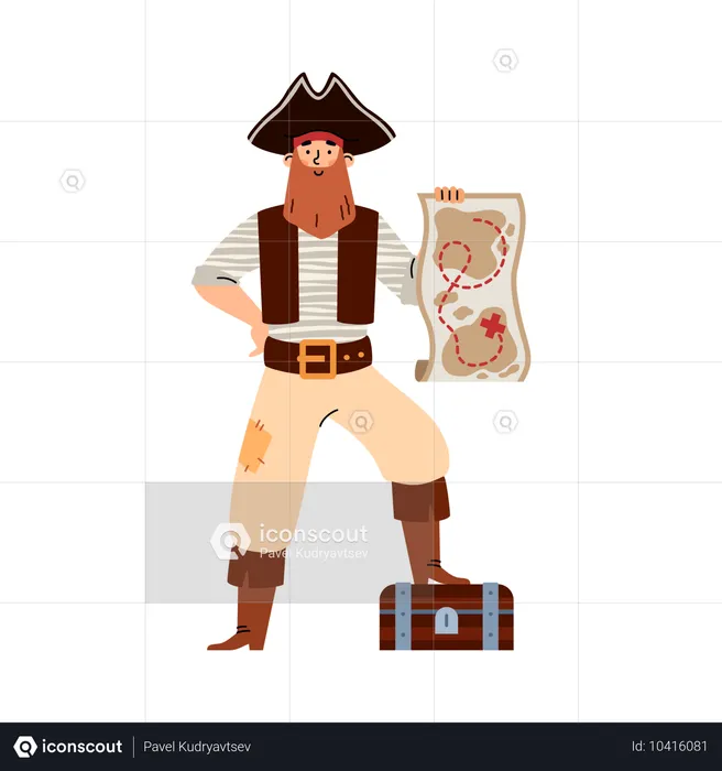 Bearded pirate with map and treasure chest  Illustration