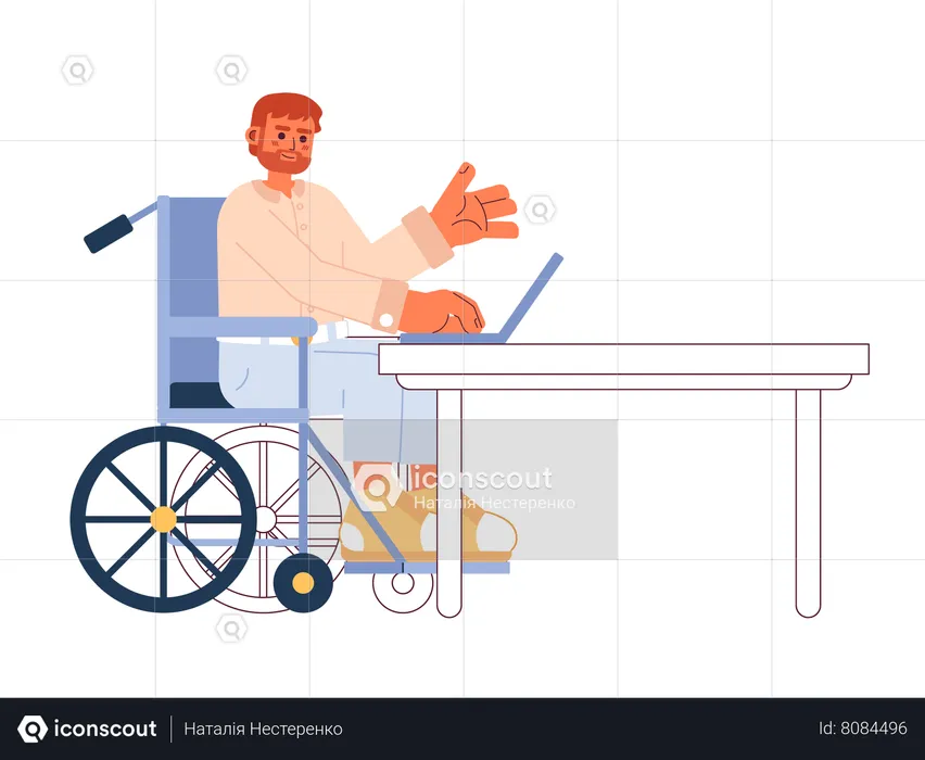 Bearded wheelchair man on laptop  Illustration