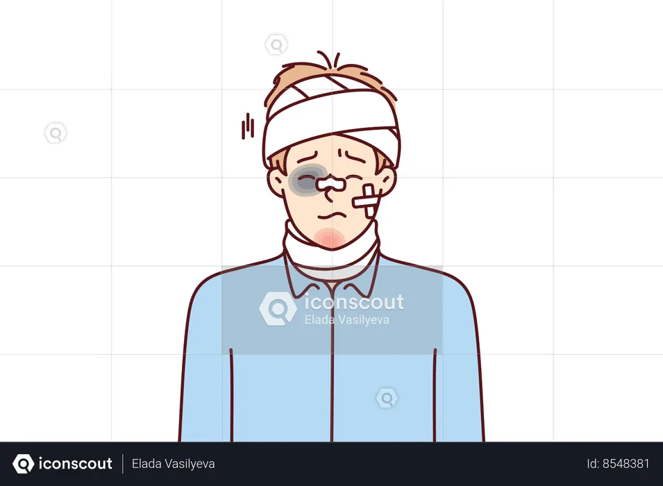 Beaten man with bandages on his head and band-aid on his face  Illustration