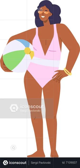 Beautiful adult woman wearing summer swimsuit and sunglasses carrying beach ball  Illustration