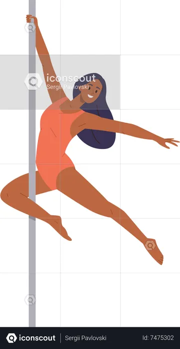 Beautiful aerial gymnast young woman character performing dance on metal pole  Illustration