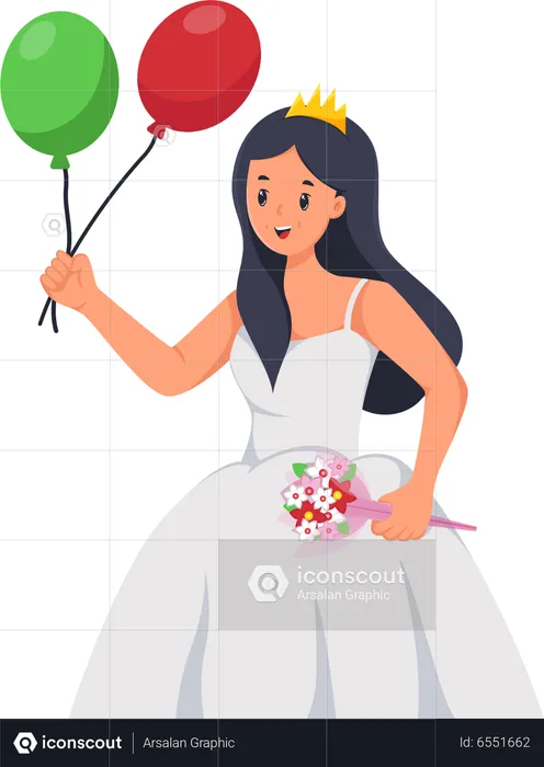 Beautiful Bride holding Balloons and flower bouquet  Illustration