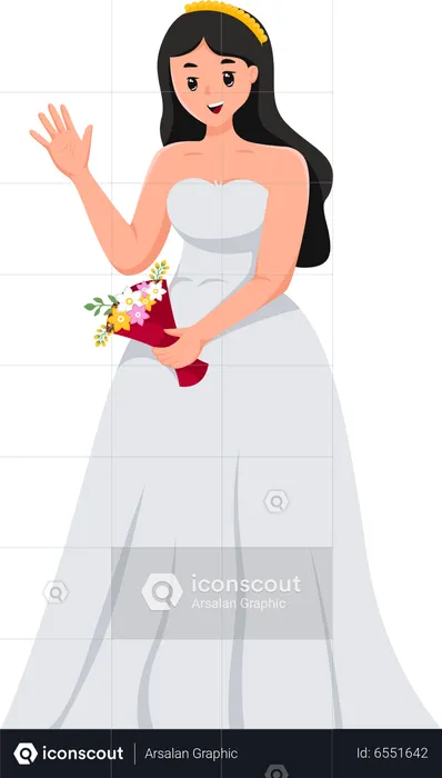 Beautiful Bride say hi while Flower Bouquet  Illustration