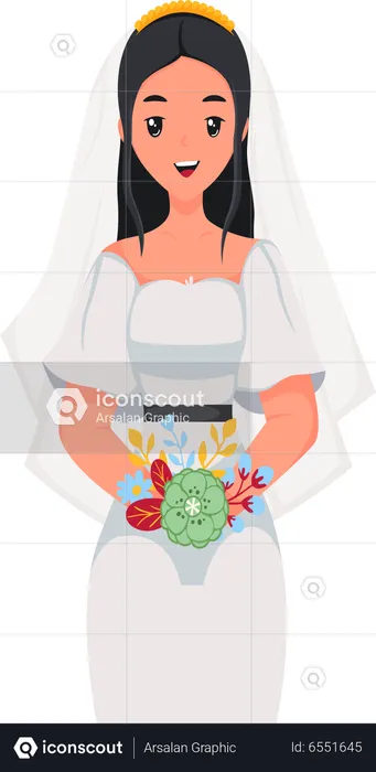 Beautiful Bride standing with Flower Bouquet  Illustration
