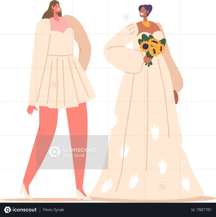 Beautiful Brides In Elegant Short And Long Dresses  Illustration