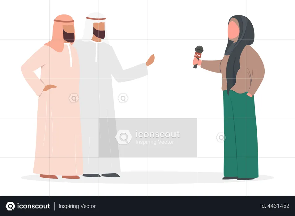 Beautiful female reporter interviewing arab man  Illustration