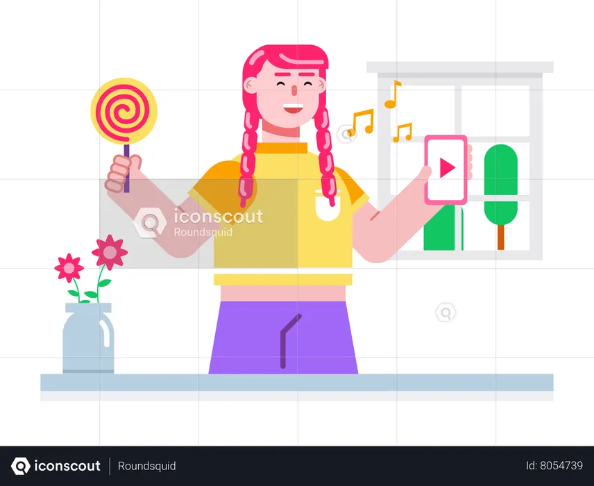 Beautiful girl eating candy along with listening to music  Illustration