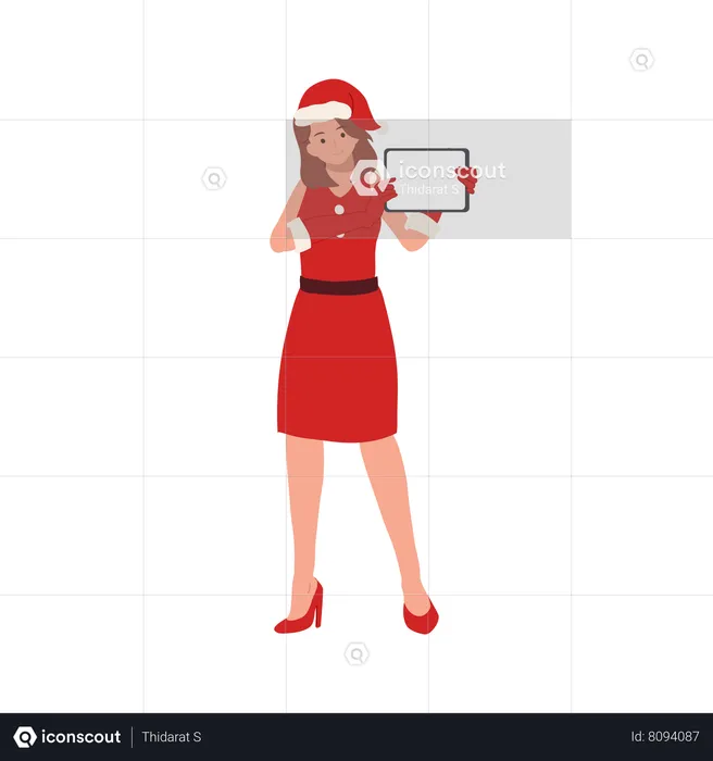 Beautiful Girl in Santa Claus Outfit and showing tablet  Illustration