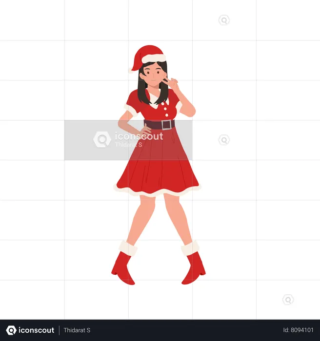 Beautiful Girl in Santa Claus Outfit and showing victory gesture  Illustration