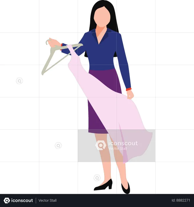 Beautiful girl is taking clothes off the hanger  Illustration