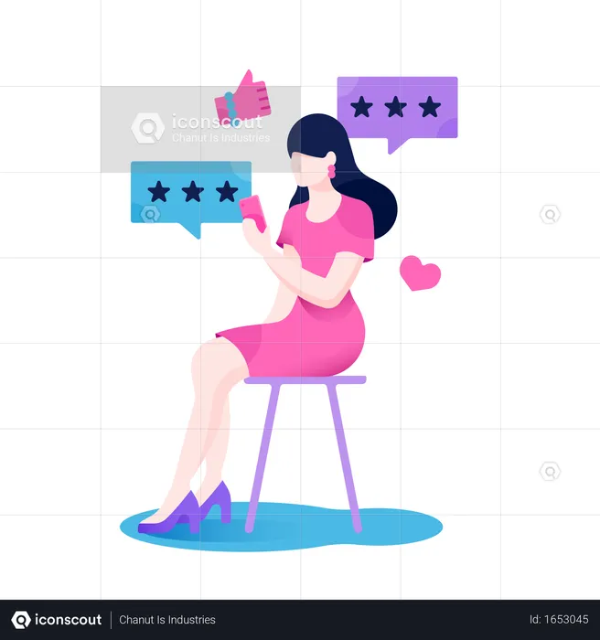 Beautiful girl sitting on chair and giving feedback in smartphone after shopping  Illustration