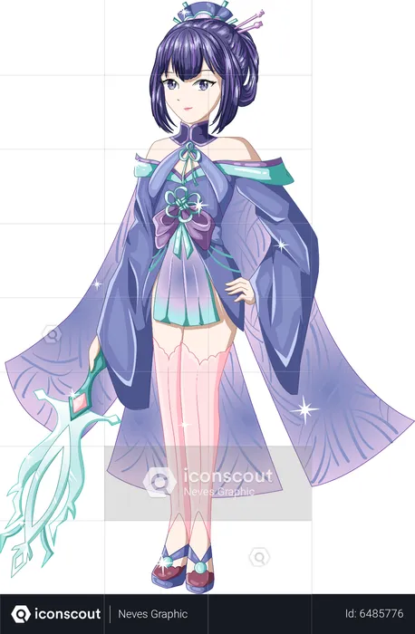 Beautiful girl wearing purple costume bring the sword  Illustration