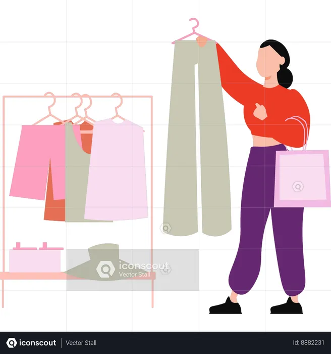 Beautiful lady is looking to the pants for buying  Illustration