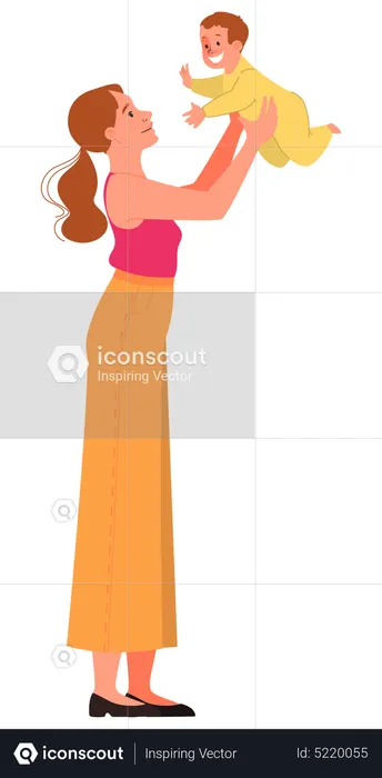 Beautiful mother holding little baby and smiling  Illustration