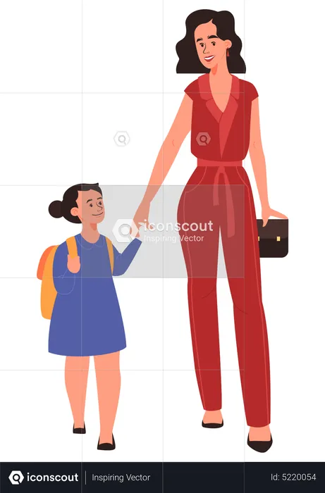 Beautiful mother walking her daughter to school  Illustration