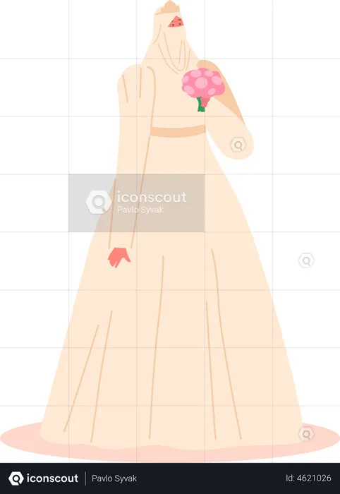 Beautiful Muslim Bride in Traditional Dress and Holding Bouquet  Illustration