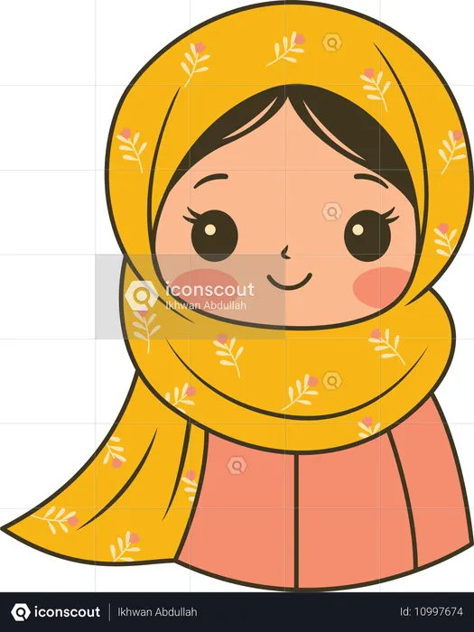 Beautiful Muslim Girl Wearing Pattern Yellow Hijab While Smiling  Illustration