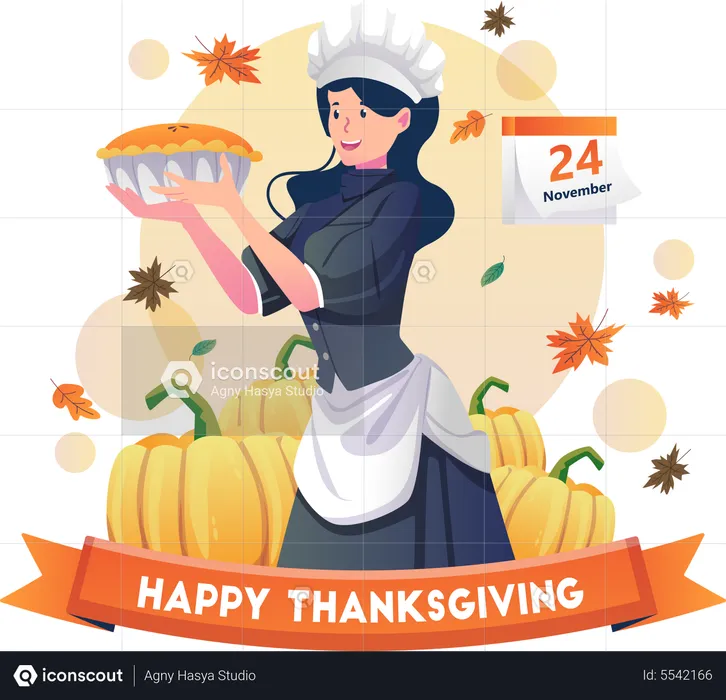 Beautiful woman cook serving pumpkin pie for the Thanksgiving holiday party  Illustration