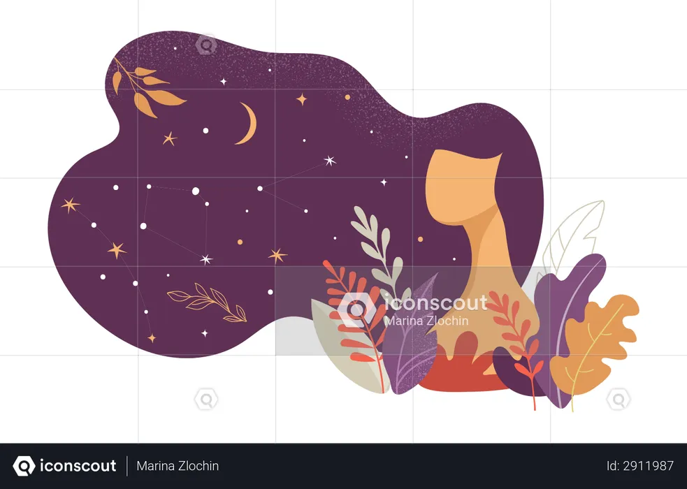 Beautiful woman decorated with stars, flowers and leaves  Illustration