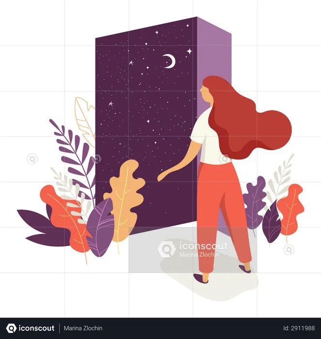 Beautiful woman opens the door with a night sky view  Illustration