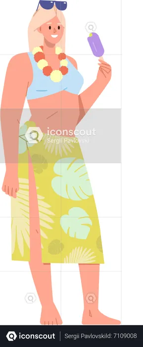 Beautiful woman wearing Hawaiian trendy fashion outfit and accessory eating ice-cream  Illustration