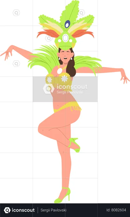 Beautiful young woman in brazilian masquerade costume with bright plumage dancing  Illustration