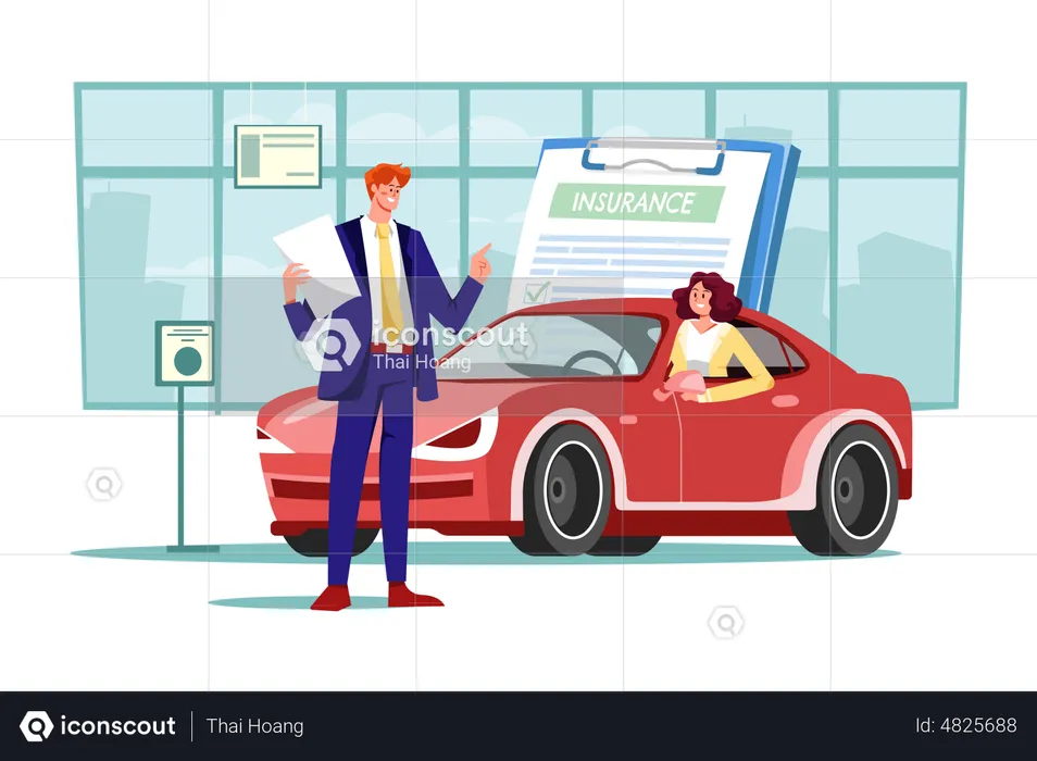 Beautiful young woman in car is talking to car insurance salesman  Illustration