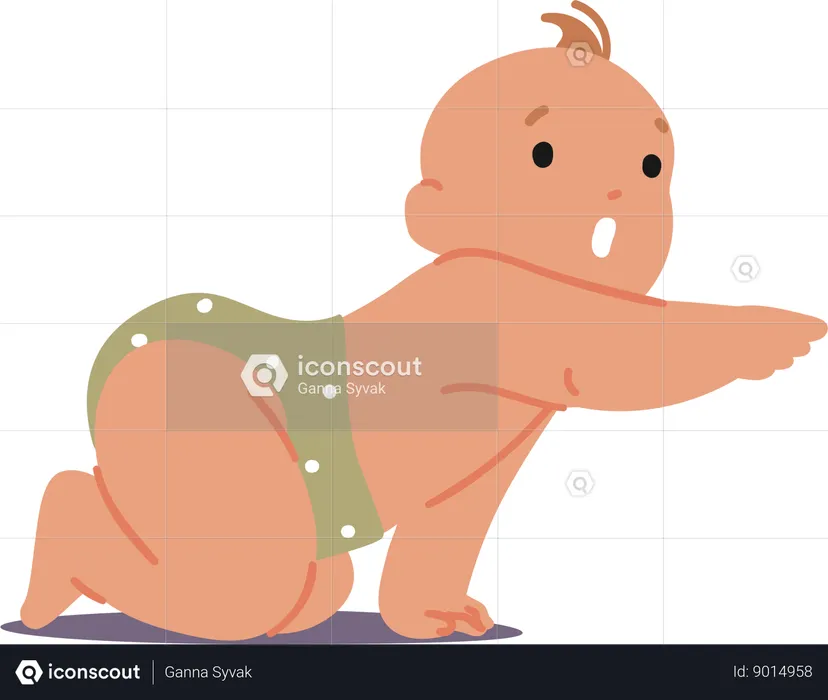Bebê fica de joelhos com gesto de apontar  Ilustração