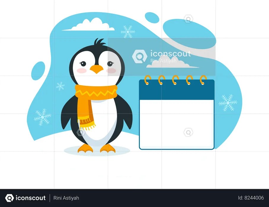 Bebê pinguim em pé com calendário  Ilustração