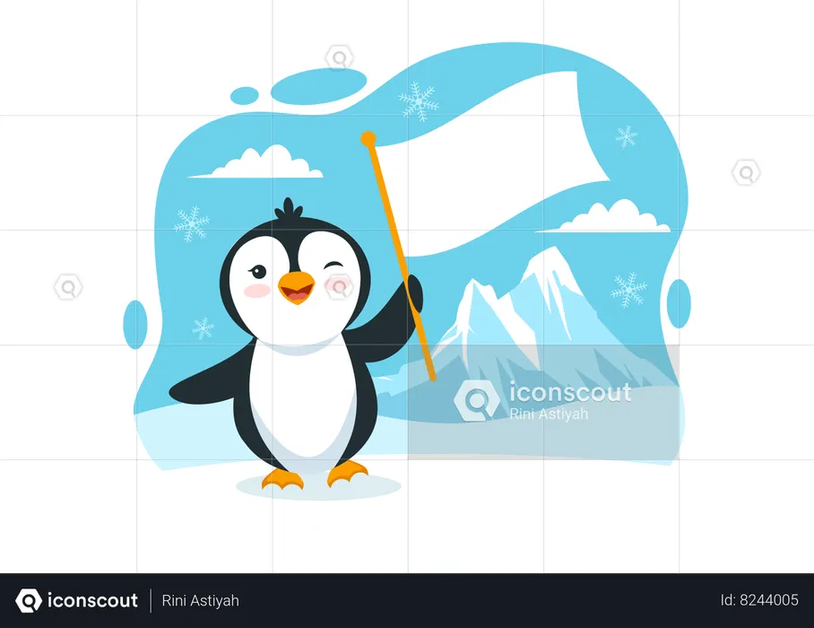 Pingüino bebé sosteniendo bandera blanca y guiñando un ojo  Ilustración