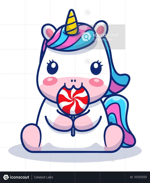 Bebé unicornio comiendo dulces  Ilustración