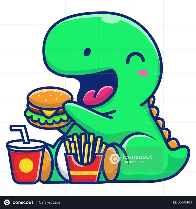 Dinosaurios bebes comiendo hamburguesa  Ilustración