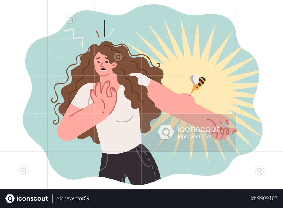 Bee bites woman hand and injecting venom into allergic reaction  Illustration