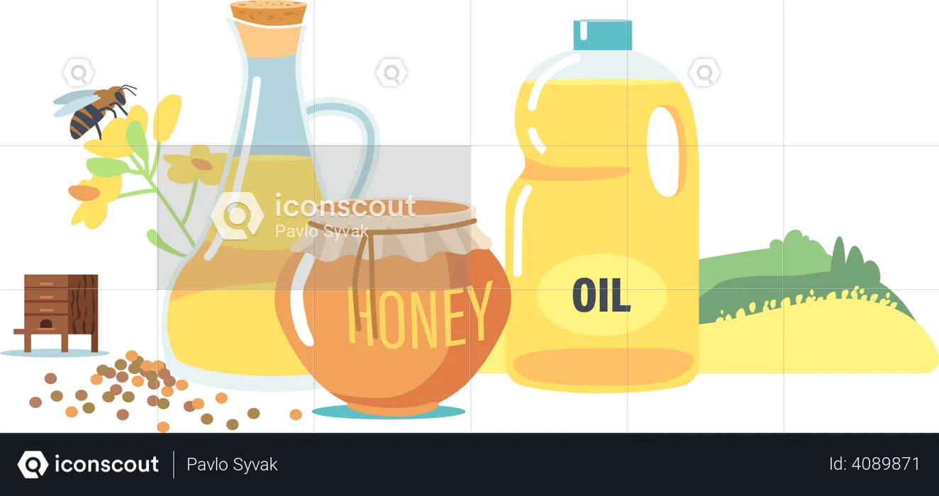 Bee Honey and Oil Production  Illustration