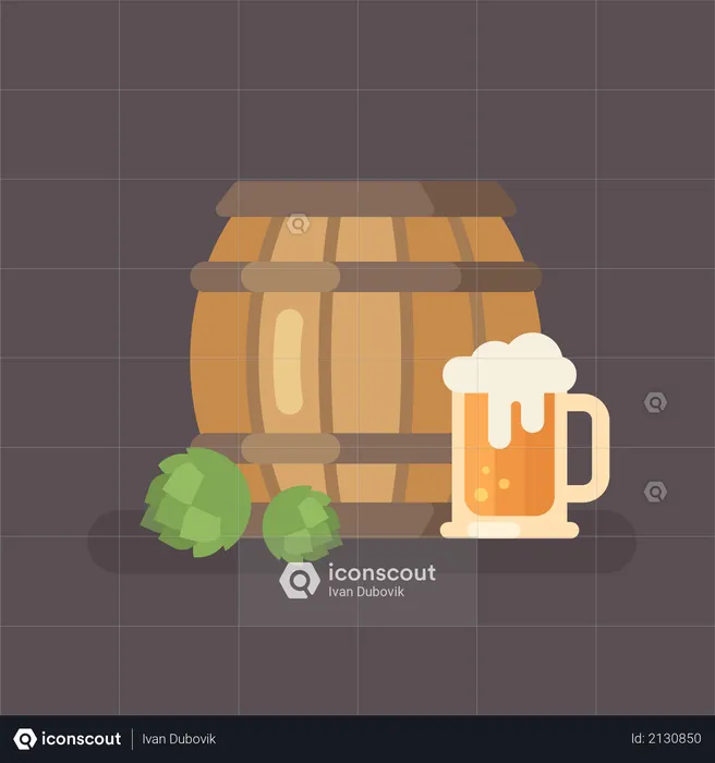 Beer barrel, hop and beer mug  Illustration