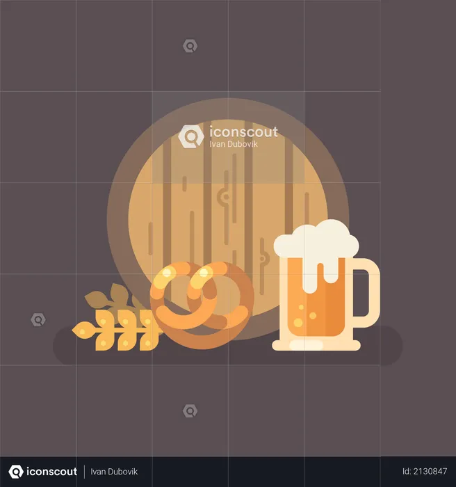 Beer barrel, pretzel, wheat and beer mug  Illustration