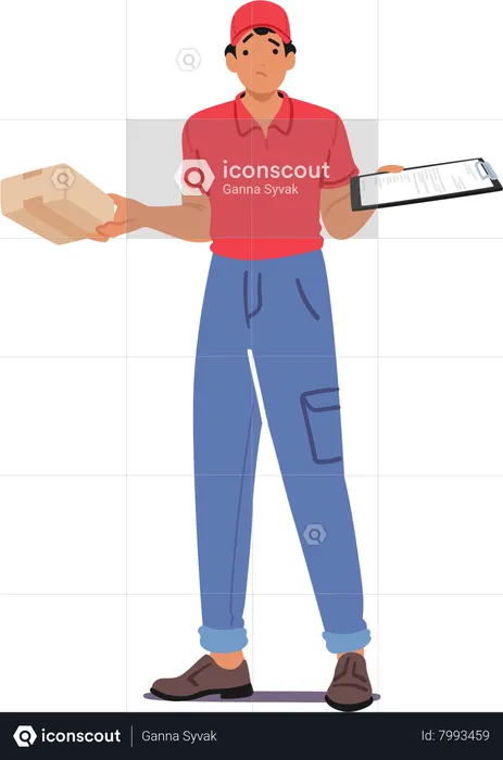 Befuddled Courier Character Holds A Parcel In One Hand And A Clipboard In The Other  Illustration