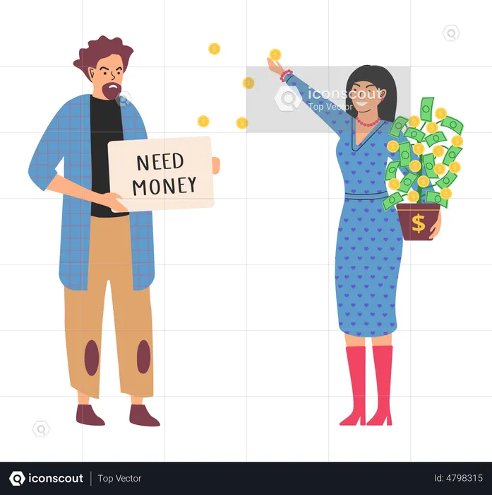 Beggar asking money from rich woman  Illustration