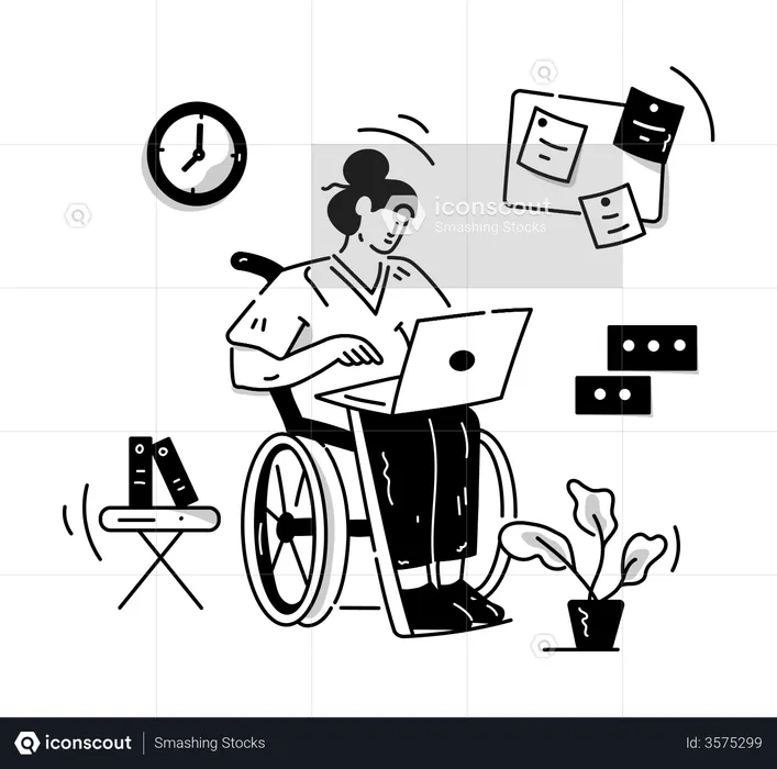 Behinderte Frau sitzt im Rollstuhl und arbeitet am Laptop  Illustration