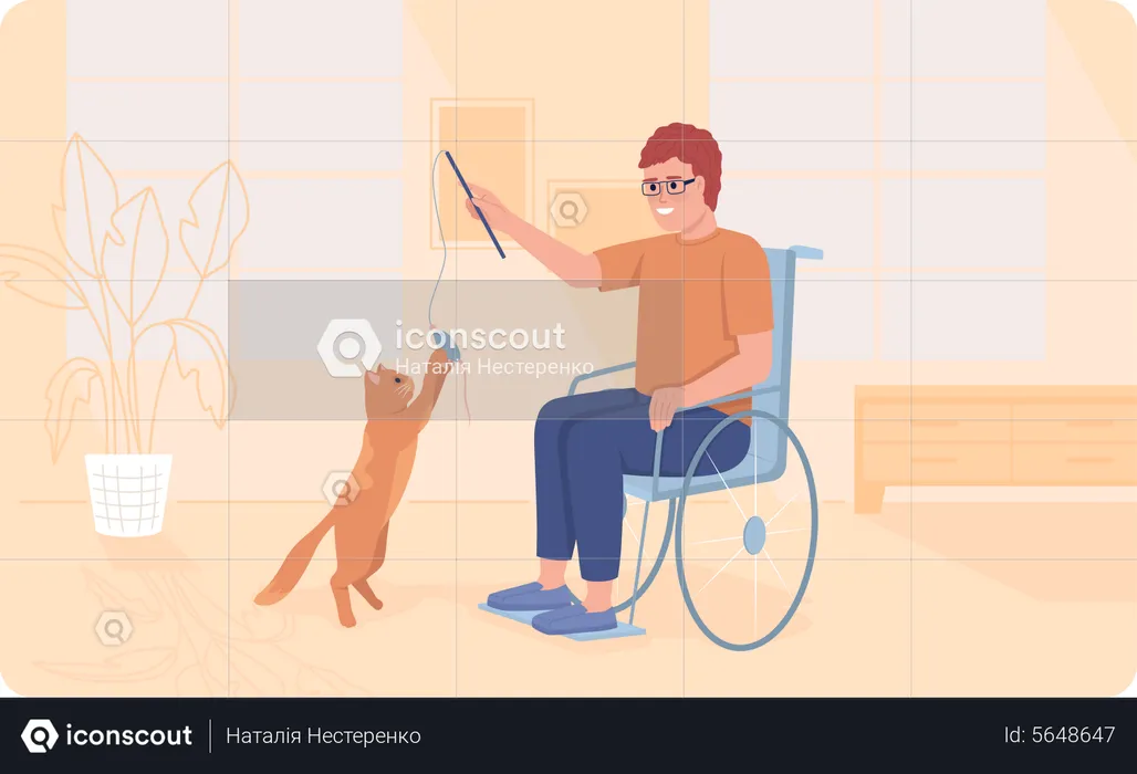 Behinderte Person spielt mit Katze  Illustration