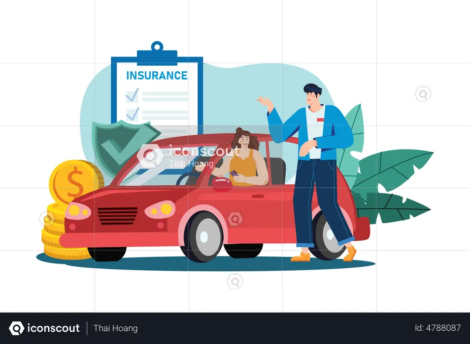 Mulher jovem e bonita em um carro está conversando com um vendedor de seguros de automóveis  Ilustração