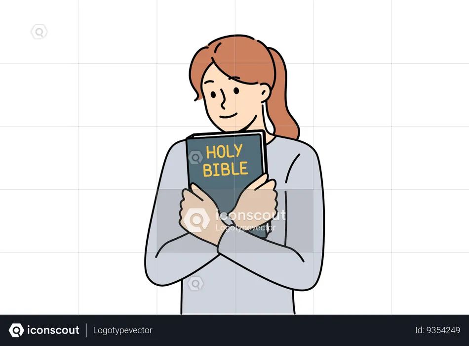 Believing woman embraces bible and feels enlightened after reading religious christian book  Illustration