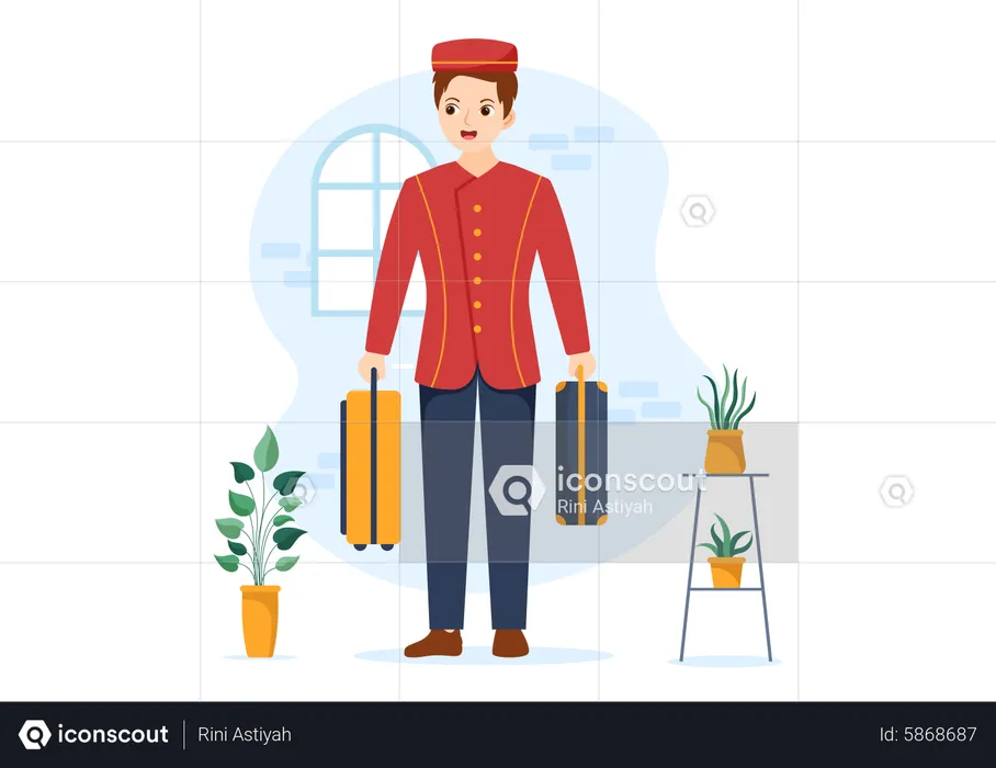 Bell boy holding luggage  Illustration