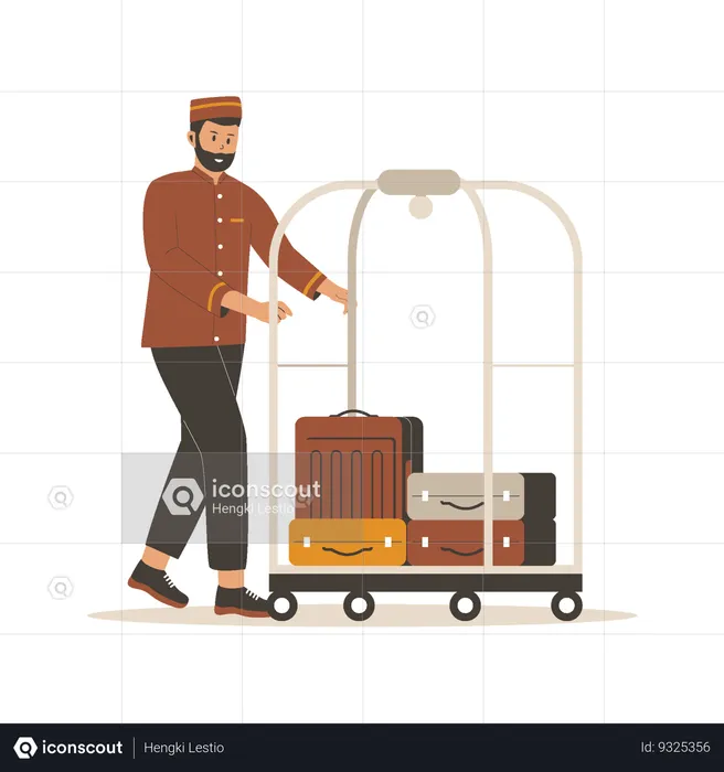Bellboy with luggage trolley  Illustration