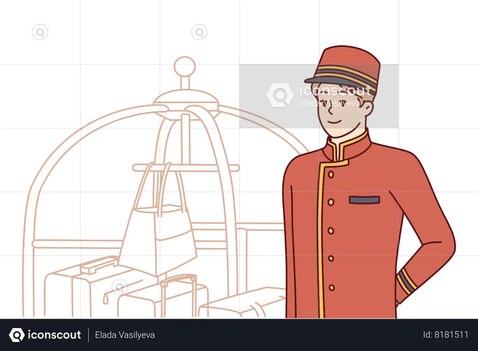 Bellboy works at hotel standing near cart with suitcases and bags and waiting for new guests  Illustration